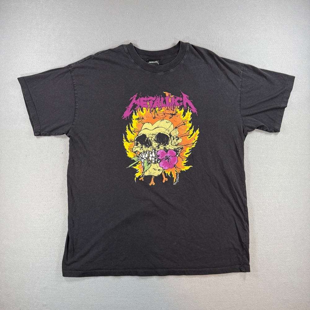 Metallica T-Shirt Mens Large Black Pushead Flaming Skull Graphic Metal Grunge